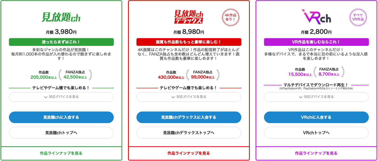 FANZAの見放題ch・見放題chデラックス・VRchの料金と作品数の比較（公式ページ）