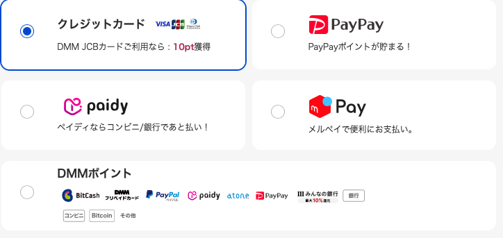 FANZAの支払い方法選択画面（クレジットカード・PayPay・Paidy・メルペイ・DMMポイント）